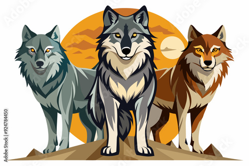 Three Wolves Standing on a Hill with a Sunset in the Background