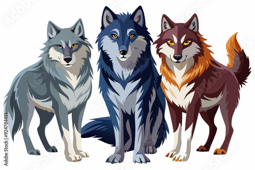 Three Wolves with Different Fur Colors and Poses