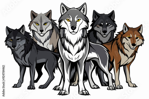 Five Wolves Standing Together in a Pack