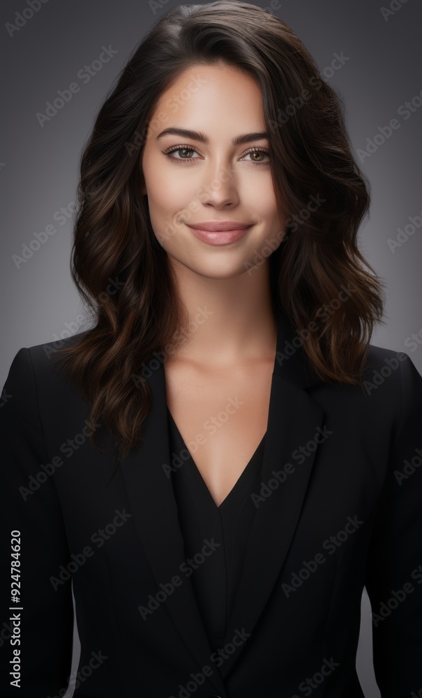 Fototapeta premium Confident Radiance: A Portrait of a Smiling Woman in a Black Sports Top Against a Clean Background, Embracing AI-Generated Positivity.