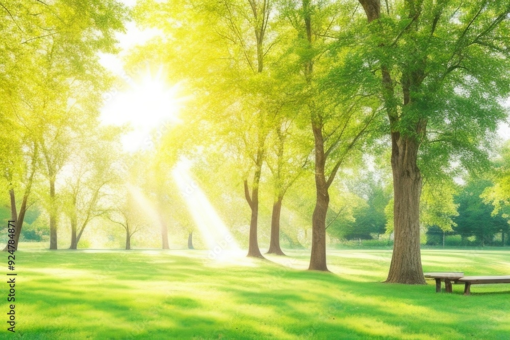 Sunrise in the park with green trees and grass Sunrise in the park with green trees and grass