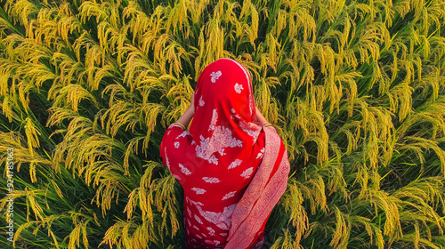 Backside view of a woman harvesting paddy. photo