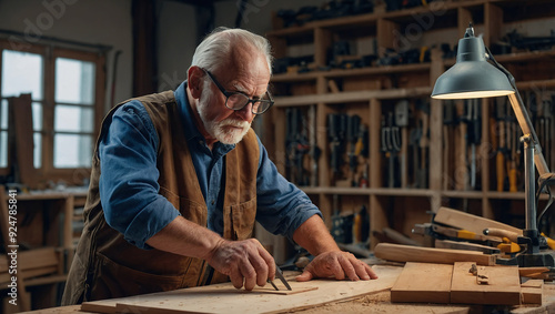 Senior carpenter focusing on detailed blueprint work in his well-equipped workshop.