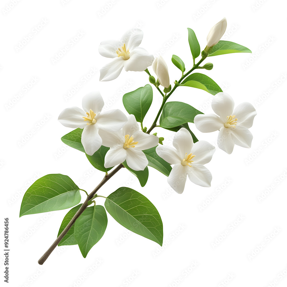 Obraz premium Photography of Beautiful White Thai Jasmine Flowers Blooming on Plant Branch