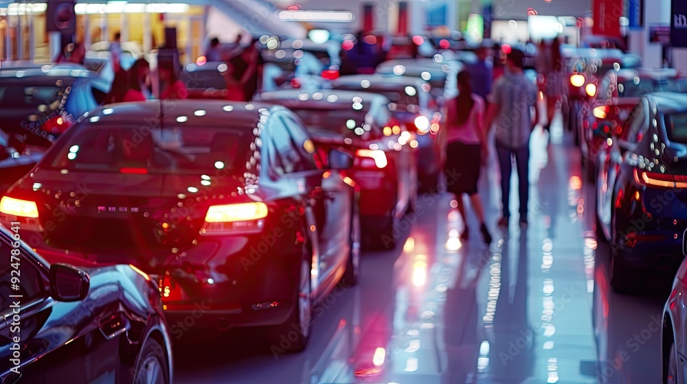 Fototapeta premium Busy car dealership on weekend, families individuals exploring the lot