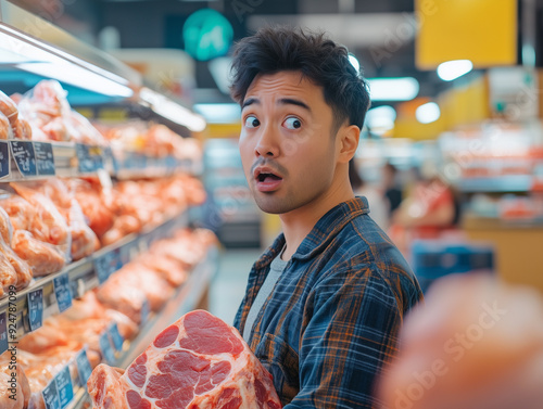 Shocked and surprised face Asian man shopping fresh supermarket retail store. photo