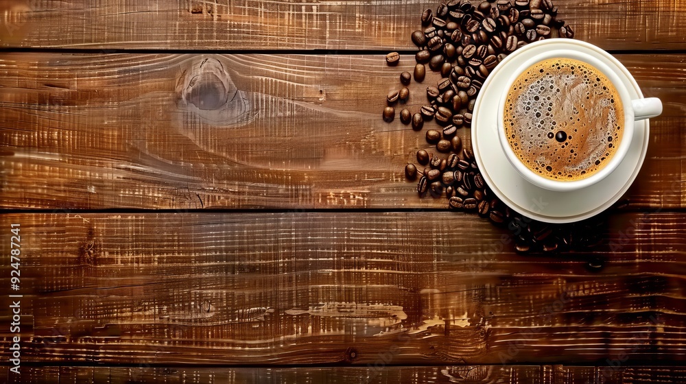 Top view of coffee cup with froth on wooden table surrounded by scattered roasted coffee beans Top view of coffee cup with froth on wooden table surrounded by scattered roasted coffee beans