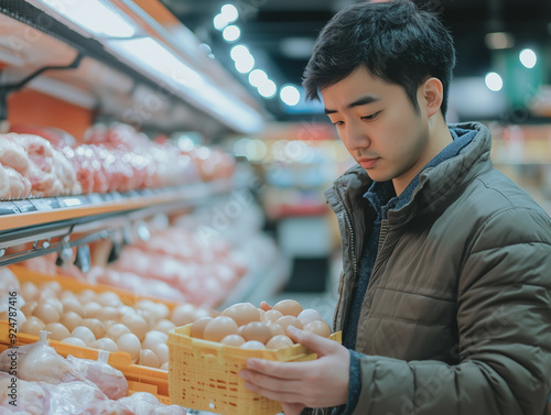 Sad and disappointed asian man shopping in the retail grocery supermarket stoure.