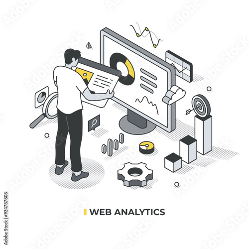 Web analytics concept. Isometric illustration of a man holding a web page, symbolizing the collection, analysis, and reporting of web data to optimize performance and track digital marketing success