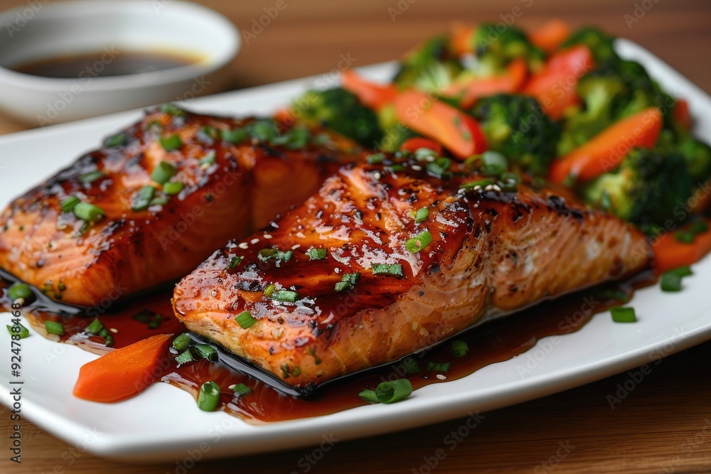 Grilled salmon fillets with vegetables and sauce on a plate. Grilled salmon fillets with vegetables and sauce on a plate.
