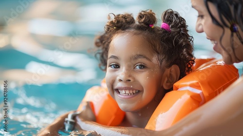 Adorable Multiracial Three-Year-Old Girl Wearing Flotation Devices Smiling While Learning to Swim with Her Mother at an Indoor Aquatic Park