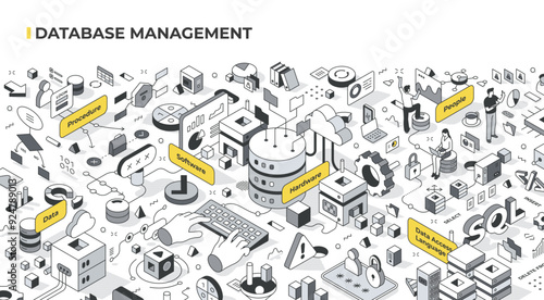 Database management components. Elements and tools for effective database management include data, procedures, hardware, software, people, and data access languages. Isometric illustration