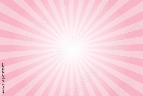Pink background with white sun ray. Pattern of starburst. Abstract Cherry Blossom pink texture with light of sunburst. Radial beam of sunlight. Retro background with flash. Design of sunbeams.