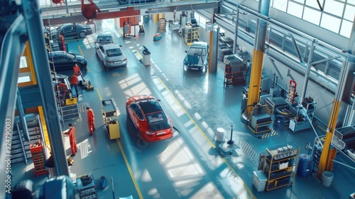 A car dealership's service department, mechanics working