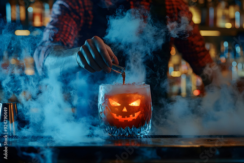 A mysterious smoky Halloween cocktail with a jack-o'-lantern face, prepared by a bartender