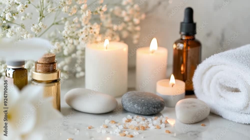 A serene spa setup features candles, essential oils, pebbles, and a soft towel, creating a tranquil atmosphere for relaxation and self-care. A serene spa setup features candles, essential oils, pebbles, and a soft towel, creating a tranquil atmosphere for relaxation and self-care.