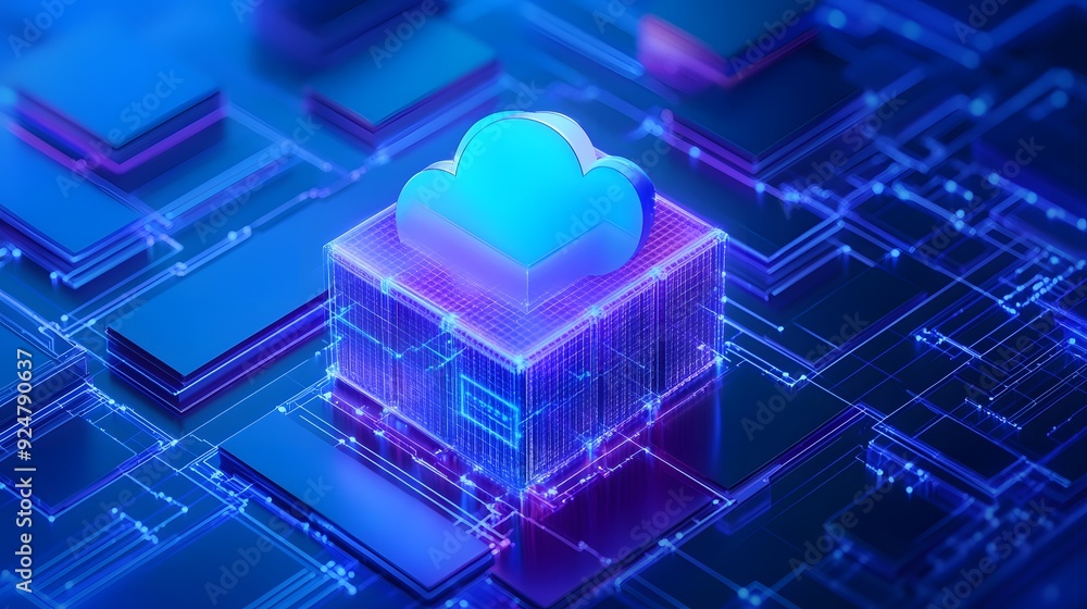 Futuristic cloud computing concept with glowing holographic cloud icon in digital grid. High-tech data storage and server technology. Futuristic cloud computing concept with glowing holographic cloud icon in digital grid. High-tech data storage and server technology.