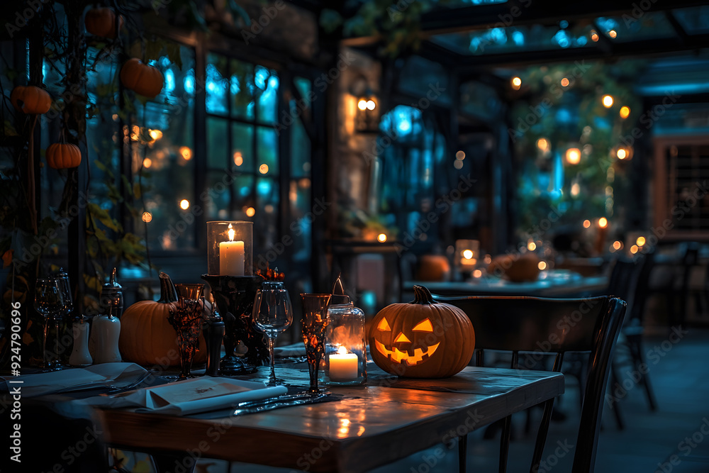 A cafe decorated for Halloween with dim lighting, candles, and pumpkins on the tables A cafe decorated for Halloween with dim lighting, candles, and pumpkins on the tables