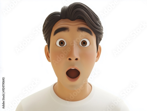 Portrait of wow shocked left side face asian man, isolated on white, cartoon 3d rendered style.