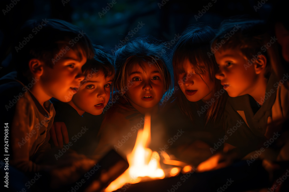 A group of children gathered around a campfire, mesmerized by its warm glow A group of children gathered around a campfire, mesmerized by its warm glow