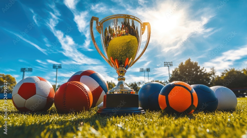 Obraz premium A trophy gleaming on a green lawn, surrounded by various sports balls, beneath a bright blue sky with white clouds.