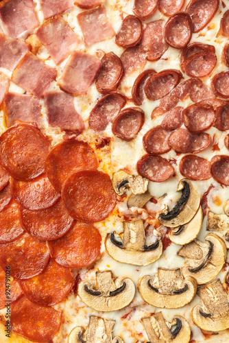 the macro composition of pizza for the menu. fresh ingredients are cheese, ham and tomatoes.