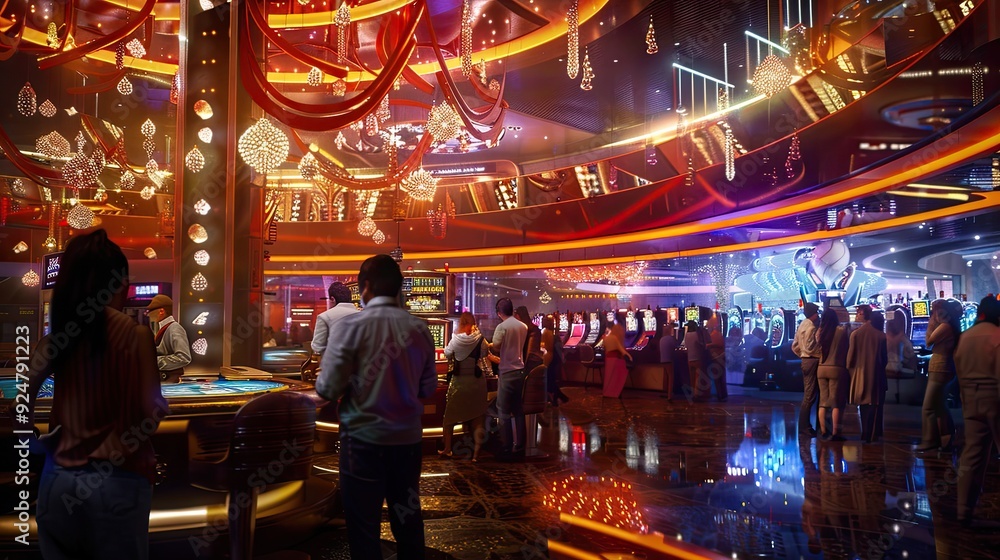Casino jackpot city section, large jackpot display, excited players Casino jackpot city section, large jackpot display, excited players