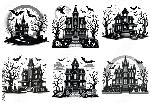 Spooky haunted house collection with bats and full moon in black and white, Halloween decoration