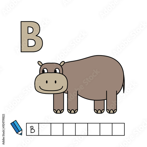 Alphabet with cute cartoon animals isolated on white background. Learning to write game for children education. Vector illustration of behemoth and letter B