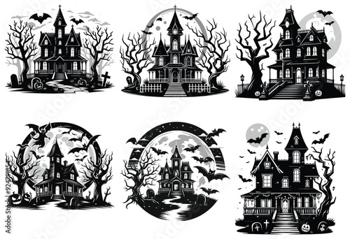 Haunted house vector illustrations, black and white, Halloween decor, spooky invitations