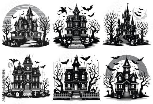 Spooky haunted house illustrations in black and white, perfect for Halloween decor and invitations