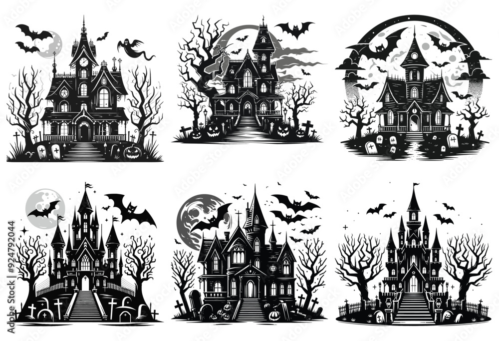 Spooky haunted house illustrations with bats and pumpkins in black and white, Halloween decoration Spooky haunted house illustrations with bats and pumpkins in black and white, Halloween decoration