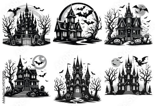 Haunted Houses Vector Art Black and White Halloween Themed Illustrations, Spooky Decor