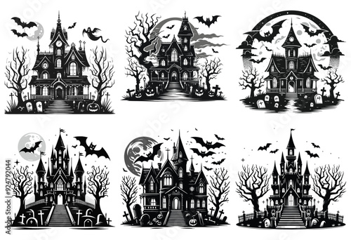 Spooky haunted house illustrations with bats and pumpkins in black and white, Halloween decoration