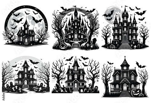 Black and white haunted houses vector illustrations, spooky Halloween designs, web banner