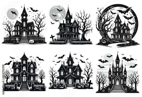 Spooky haunted house illustrations with bats and pumpkins in black and white; Halloween poster