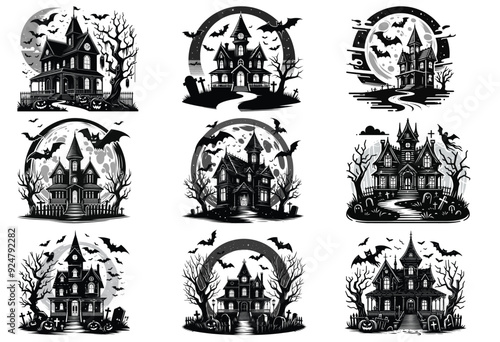 Haunted house illustrations, black and white, spooky Halloween background, festive decor