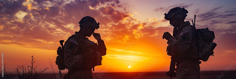 Two soldiers communicate at dawn, silhouetted against a vibrant sunrise, showcasing teamwork and coordination in a serene yet intense moment. Two soldiers communicate at dawn, silhouetted against a vibrant sunrise, showcasing teamwork and coordination in a serene yet intense moment.