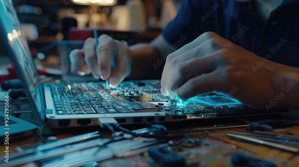 Technician repairing a broken laptop screen, carefully replacing parts Technician repairing a broken laptop screen, carefully replacing parts