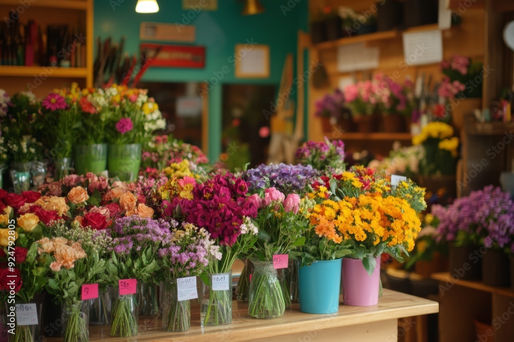 Fototapeta premium A vibrant flower shop filled with colorful blooms. Each flower adds charm and beauty to the space. Perfect for floral arrangements and gifts. Generative AI