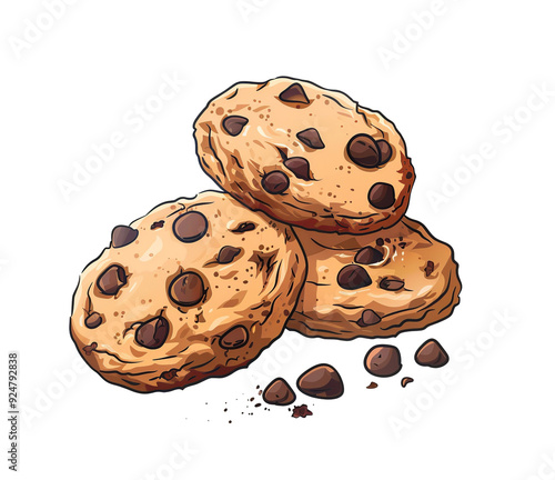 Baked cookies with chocolate chips, sweet isolated illustration. photo