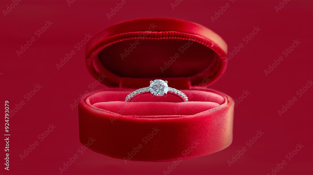 A luxurious diamond engagement ring displayed in a plush red velvet box, with the top open to reveal the sparkling jewel A luxurious diamond engagement ring displayed in a plush red velvet box, with the top open to reveal the sparkling jewel