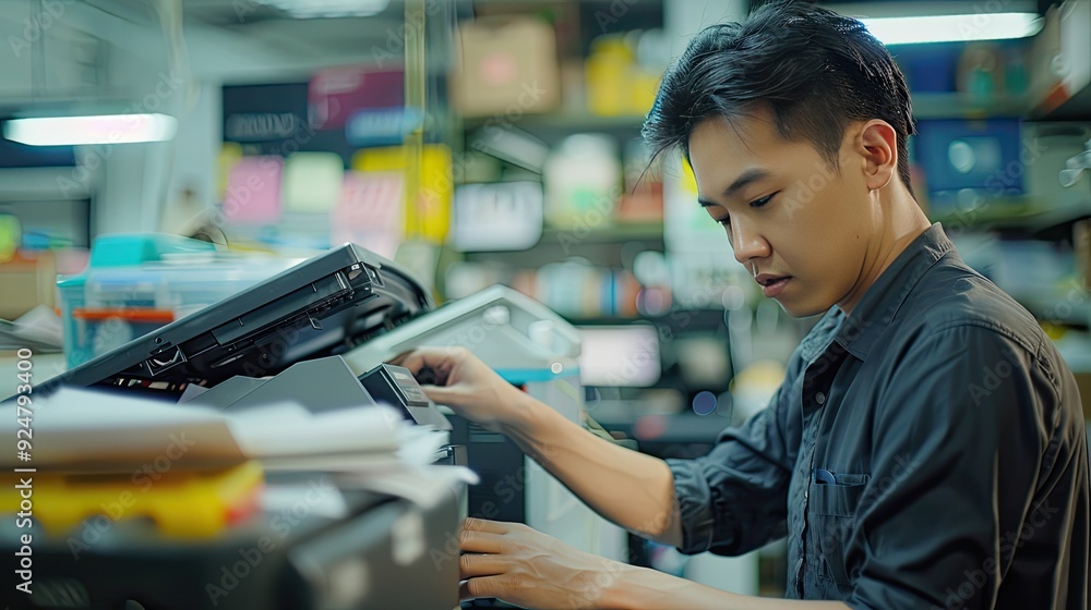 Technician repairing a printer in a busy office environment, professional and efficient service Technician repairing a printer in a busy office environment, professional and efficient service