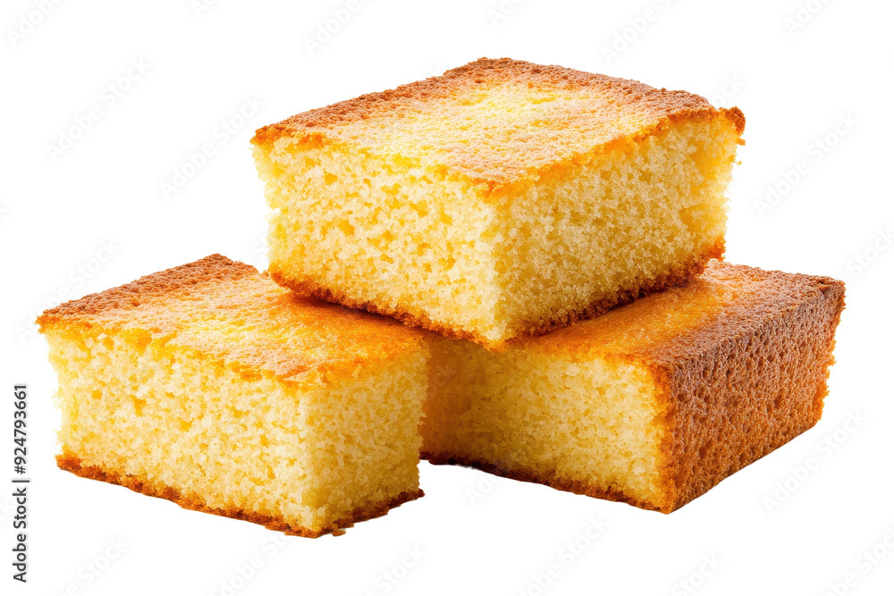 Three delicious slices of golden cornbread stacked, showcasing a soft, moist texture perfect for any meal or gathering. Three delicious slices of golden cornbread stacked, showcasing a soft, moist texture perfect for any meal or gathering.