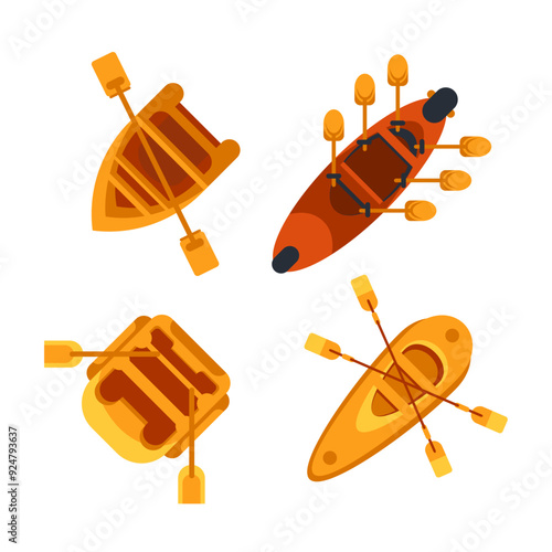Set of different types of colorful boats for extreme water sports with oars seen from above