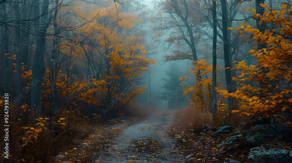 Obraz premium A serene foggy morning in the woods during autumn, with golden leaves barely visible through the mist and a sense of quiet stillness in the air.
