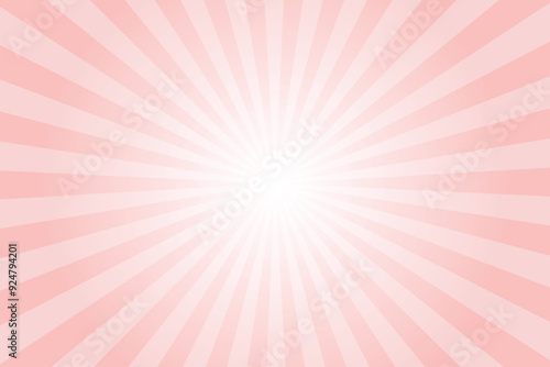 Pink background with white sun ray. Pattern of starburst. Abstract Spanish pink texture with light of sunburst. Radial beam of sunlight. Retro background with flash. Design of sunbeams. Vector.	
