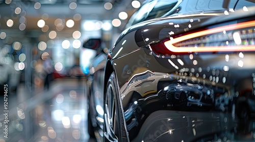 close-up of a car exterior display dealership, sleek shiny finish detailed view of the bodywork