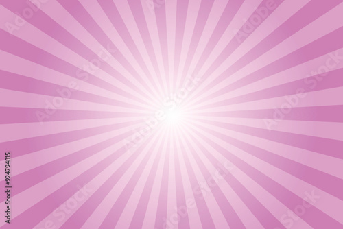 Pink background with white sun ray. Pattern of starburst. Abstract ultra pink texture with light of sunburst. Radial beam of sunlight. Retro background with flash. Design of sunbeams. Vector.	