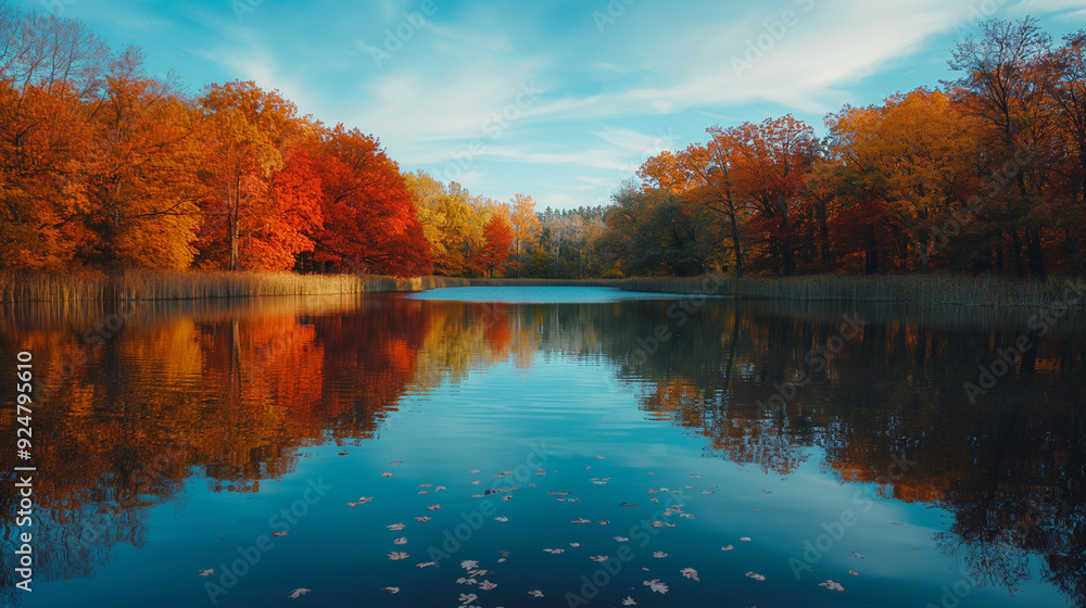 autumn reflection by the lake with clear water and colorful trees mirrored, capturing a tranquil fall moment in a harmonious natural scene. autumn reflection by the lake with clear water and colorful trees mirrored, capturing a tranquil fall moment in a harmonious natural scene.